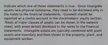 Indicate which one of these statements is true. -Since intangible assets lack physical substance, they need to be disclosed only in the notes to the financial statements. -Goodwill should be reported as a contra account in the stockholders' equity section. -Totals of major classes of assets can be shown in the balance sheet, with asset details disclosed in the notes to the financial statements. -Intangible assets are typically combined with plant assets and inventory and then shown in the property, plant, and equipment section.