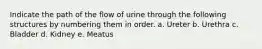 Indicate the path of the flow of urine through the following structures by numbering them in order. a. Ureter b. Urethra c. Bladder d. Kidney e. Meatus