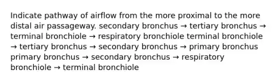 Indicate pathway of airflow from the more proximal to the more distal air passageway. secondary bronchus → tertiary bronchus → terminal bronchiole → respiratory bronchiole terminal bronchiole → tertiary bronchus → secondary bronchus → primary bronchus primary bronchus → secondary bronchus → respiratory bronchiole → terminal bronchiole