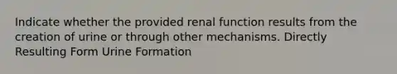 Indicate whether the provided renal function results from the creation of urine or through other mechanisms. Directly Resulting Form Urine Formation