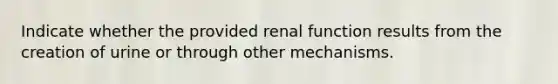 Indicate whether the provided renal function results from the creation of urine or through other mechanisms.