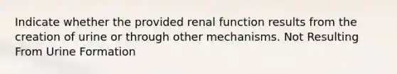 Indicate whether the provided renal function results from the creation of urine or through other mechanisms. Not Resulting From Urine Formation