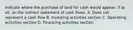 Indicate where the purchase of land for cash would appear, if at all, on the indirect statement of cash flows. A. Does not represent a cash flow B. Investing activities section C. Operating activities section D. Financing activities section