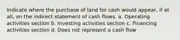 Indicate where the purchase of land for cash would appear, if at all, on the indirect statement of cash flows. a. Operating activities section b. Investing activities section c. Financing activities section d. Does not represent a cash flow