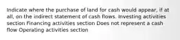 Indicate where the purchase of land for cash would appear, if at all, on the indirect statement of cash flows. Investing activities section Financing activities section Does not represent a cash flow Operating activities section