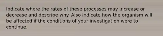 Indicate where the rates of these processes may increase or decrease and describe why. Also indicate how the organism will be affected if the conditions of your investigation were to continue.