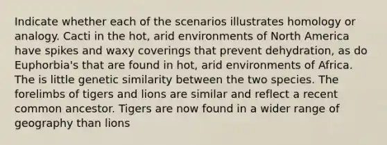 Indicate whether each of the scenarios illustrates homology or analogy. Cacti in the hot, arid environments of North America have spikes and waxy coverings that prevent dehydration, as do Euphorbia's that are found in hot, arid environments of Africa. The is little genetic similarity between the two species. The forelimbs of tigers and lions are similar and reflect a recent common ancestor. Tigers are now found in a wider range of geography than lions