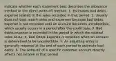 Indicate whether each statement best describes the allowance method or the direct write-off method. 1. Estimates bad debts expense related to the sales recorded in that period. 2. Usually does not best match sales and expenses because bad debts expense is not recorded until an account becomes uncollectible, which usually occurs in a period after the credit sale. 3. Bad debts expense is recorded in the period in which the related sales occur. 4. Bad Debts Expense is recorded when an account is determined to be uncollectible. 5. An adjusting entry is generally required at the end of each period to estimate bad debts. 6. The write-off of a specific customer account directly affects net income in that period.