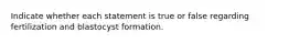 Indicate whether each statement is true or false regarding fertilization and blastocyst formation.