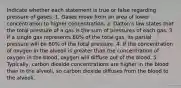 Indicate whether each statement is true or false regarding pressure of gases. 1. Gases move from an area of lower concentration to higher concentration. 2. Dalton's law states that the total pressure of a gas is the sum of pressures of each gas. 3. If a single gas represents 60% of the total gas, its partial pressure will be 60% of the total pressure. 4. If the concentration of oxygen in the alveoli is greater than the concentration of oxygen in the blood, oxygen will diffuse out of the blood. 5. Typically, carbon dioxide concentrations are higher in the blood than in the alveoli, so carbon dioxide diffuses from the blood to the alveoli.