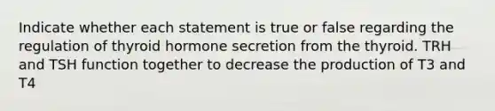 Indicate whether each statement is true or false regarding the regulation of thyroid hormone secretion from the thyroid. TRH and TSH function together to decrease the production of T3 and T4