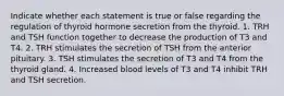 Indicate whether each statement is true or false regarding the regulation of thyroid hormone secretion from the thyroid. 1. TRH and TSH function together to decrease the production of T3 and T4. 2. TRH stimulates the secretion of TSH from the anterior pituitary. 3. TSH stimulates the secretion of T3 and T4 from the thyroid gland. 4. Increased blood levels of T3 and T4 inhibit TRH and TSH secretion.