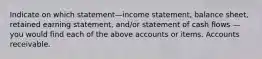 Indicate on which statement—income statement, balance sheet, retained earning statement, and/or statement of cash flows — you would find each of the above accounts or items. Accounts receivable.