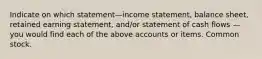 Indicate on which statement—income statement, balance sheet, retained earning statement, and/or statement of cash flows — you would find each of the above accounts or items. Common stock.