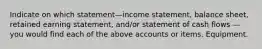 Indicate on which statement—income statement, balance sheet, retained earning statement, and/or statement of cash flows — you would find each of the above accounts or items. Equipment.