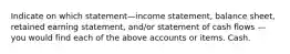 Indicate on which statement—income statement, balance sheet, retained earning statement, and/or statement of cash flows — you would find each of the above accounts or items. Cash.