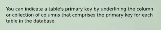 ​You can indicate a table's primary key by underlining the column or collection of columns that comprises the primary key for each table in the database.