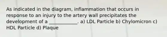 As indicated in the diagram, inflammation that occurs in response to an injury to the artery wall precipitates the development of a ____________. a) LDL Particle b) Chylomicron c) HDL Particle d) Plaque