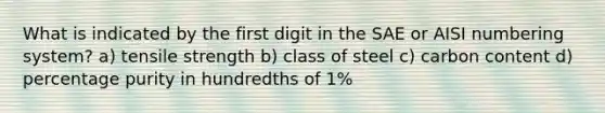 What is indicated by the first digit in the SAE or AISI numbering system? a) tensile strength b) class of steel c) carbon content d) percentage purity in hundredths of 1%