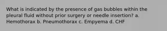 What is indicated by the presence of gas bubbles within the pleural fluid without prior surgery or needle insertion? a. Hemothorax b. Pneumothorax c. Empyema d. CHF