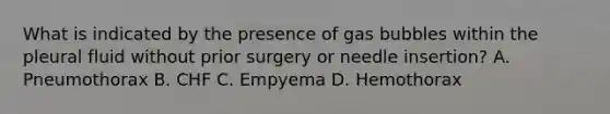 What is indicated by the presence of gas bubbles within the pleural fluid without prior surgery or needle insertion? A. Pneumothorax B. CHF C. Empyema D. Hemothorax