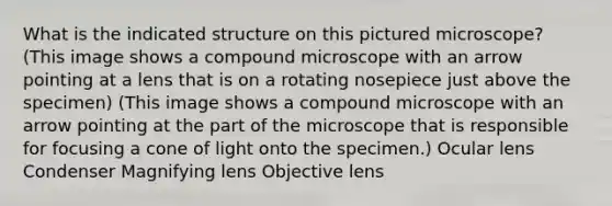 What is the indicated structure on this pictured microscope? (This image shows a compound microscope with an arrow pointing at a lens that is on a rotating nosepiece just above the specimen) (This image shows a compound microscope with an arrow pointing at the part of the microscope that is responsible for focusing a cone of light onto the specimen.) Ocular lens Condenser Magnifying lens Objective lens