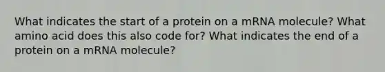 What indicates the start of a protein on a mRNA molecule? What amino acid does this also code for? What indicates the end of a protein on a mRNA molecule?