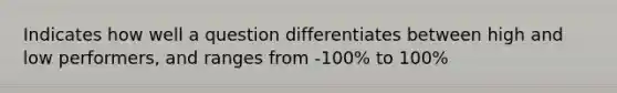 Indicates how well a question differentiates between high and low performers, and ranges from -100% to 100%