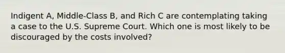 Indigent A, Middle-Class B, and Rich C are contemplating taking a case to the U.S. Supreme Court. Which one is most likely to be discouraged by the costs involved?