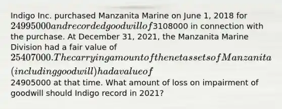 Indigo Inc. purchased Manzanita Marine on June 1, 2018 for 24995000 and recorded goodwill of3108000 in connection with the purchase. At December 31, 2021, the Manzanita Marine Division had a fair value of 25407000. The carrying amount of the net assets of Manzanita (including goodwill) had a value of24905000 at that time. What amount of loss on impairment of goodwill should Indigo record in 2021?