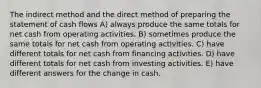 The indirect method and the direct method of preparing the statement of cash flows A) always produce the same totals for net cash from operating activities. B) sometimes produce the same totals for net cash from operating activities. C) have different totals for net cash from financing activities. D) have different totals for net cash from investing activities. E) have different answers for the change in cash.