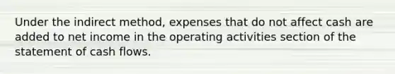 Under the indirect method, expenses that do not affect cash are added to net income in the operating activities section of the statement of cash flows.