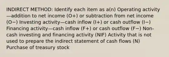 INDIRECT METHOD: Identify each item as a(n) Operating activity—addition to net income​ (O+) or subtraction from net income ​(O−​) Investing activity—cash inflow​ (I+) or cash outflow ​(I−​) Financing activity—cash inflow​ (F+) or cash outflow ​(F−​) Non-cash investing and financing activity (NIF) Activity that is not used to prepare the indirect statement of cash flows​ (N) Purchase of treasury stock