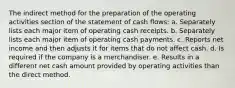 The indirect method for the preparation of the operating activities section of the statement of cash flows: a. Separately lists each major item of operating cash receipts. b. Separately lists each major item of operating cash payments. c. Reports net income and then adjusts it for items that do not affect cash. d. Is required if the company is a merchandiser. e. Results in a different net cash amount provided by operating activities than the direct method.