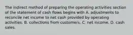 The indirect method of preparing the operating activities section of the statement of cash flows begins with A. adjustments to reconcile net income to net cash provided by operating activities. B. collections from customers. C. net income. D. cash sales.