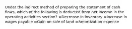 Under the indirect method of preparing the statement of cash flows, which of the following is deducted from net income in the operating activities section? =Decrease in inventory =Increase in wages payable =Gain on sale of land =Amortization expense