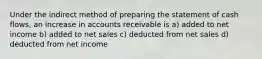 Under the indirect method of preparing the statement of cash flows, an increase in accounts receivable is a) added to net income b) added to net sales c) deducted from net sales d) deducted from net income