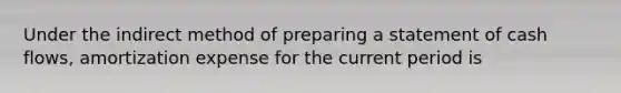 Under the indirect method of preparing a statement of cash flows, amortization expense for the current period is