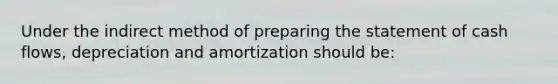 Under the indirect method of <a href='https://www.questionai.com/knowledge/kV7zn0WT6E-preparing-the-statement' class='anchor-knowledge'>preparing the statement</a> of cash flows, depreciation and amortization should be: