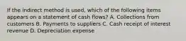 If the indirect method is used, which of the following items appears on a statement of cash flows? A. Collections from customers B. Payments to suppliers C. Cash receipt of interest revenue D. Depreciation expense