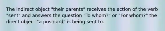 The indirect object "their parents" receives the action of the verb "sent" and answers the question "To whom?" or "For whom?" the direct object "a postcard" is being sent to.