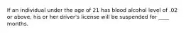 If an individual under the age of 21 has blood alcohol level of .02 or above, his or her driver's license will be suspended for ____ months.