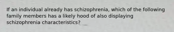 If an individual already has schizophrenia, which of the following family members has a likely hood of also displaying schizophrenia characteristics?