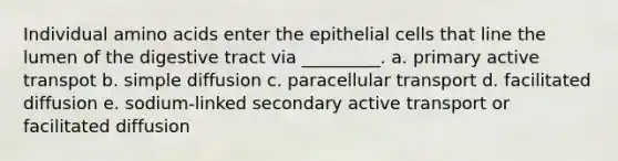 Individual amino acids enter the epithelial cells that line the lumen of the digestive tract via _________. a. primary active transpot b. simple diffusion c. paracellular transport d. facilitated diffusion e. sodium-linked secondary active transport or facilitated diffusion