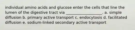 individual amino acids and glucose enter the cells that line the lumen of the digestive tract via ___________________. a. simple diffusion b. primary active transport c. endocytosis d. facilitated diffusion e. sodium-linked secondary active transport