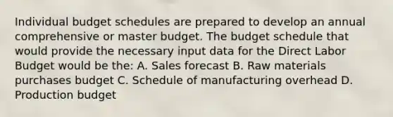 Individual budget schedules are prepared to develop an annual comprehensive or master budget. The budget schedule that would provide the necessary input data for the Direct Labor Budget would be the: A. Sales forecast B. Raw materials purchases budget C. Schedule of manufacturing overhead D. Production budget