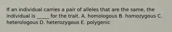 If an individual carries a pair of alleles that are the same, the individual is _____ for the trait. A. homologous B. homozygous C. heterologous D. heterozygous E. polygenic