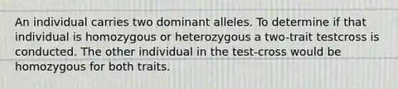 An individual carries two dominant alleles. To determine if that individual is homozygous or heterozygous a two-trait testcross is conducted. The other individual in the test-cross would be homozygous for both traits.