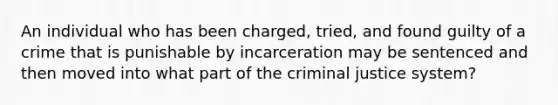 An individual who has been charged, tried, and found guilty of a crime that is punishable by incarceration may be sentenced and then moved into what part of the criminal justice system?