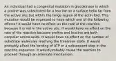 An individual had a congenital mutation in glucokinase in which a proline was substituted for a leucine on a surface helix far from the active site but within the hinge region of the actin fold. This mutation would be expected to have which one of the following effects? It would have no effect on the rate of the reaction because it is not in the active site. It would have no effect on the rate of the reaction because proline and leucine are both nonpolar amino acids. It would have no effect on the number of substrate molecules reaching the transition state. It would probably affect the binding of ATP or a subsequent step in the reaction sequence. It would probably cause the reaction to proceed through an alternate mechanism.